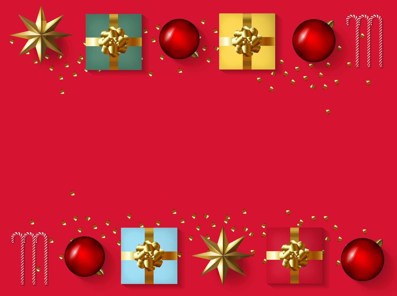 banner de composição de natal. fundo de design de natal com caixa de presente realista, confete de ouro glitter, decoração de bola vermelha e doces. cartaz horizontal de vista superior com espaço de cópia. cartão de saudação plana leiga. vetor