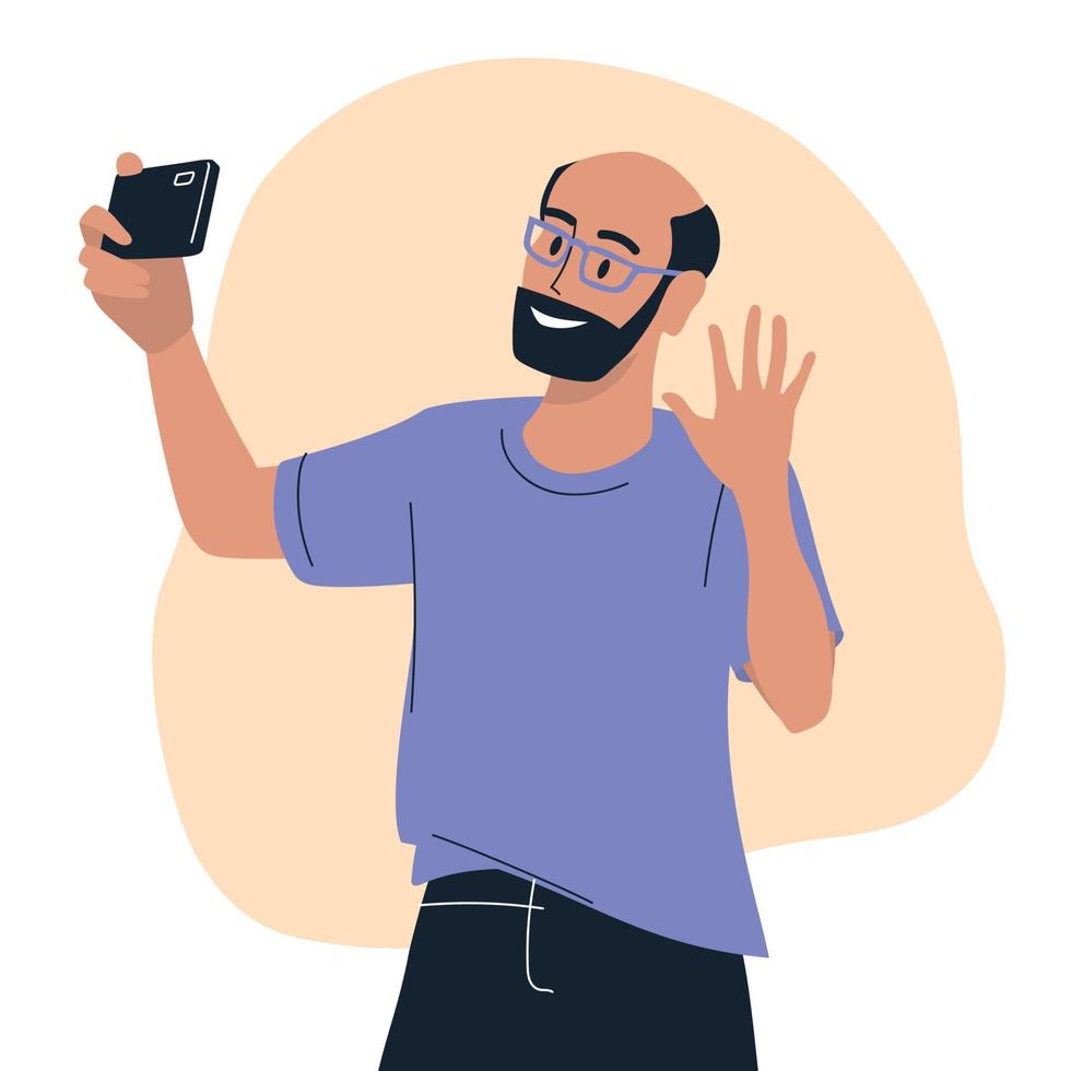 pessoas com telefone. um homem tira uma selfie em seu telefone. o cara se comunica via link de vídeo. imagem vetorial. vetor