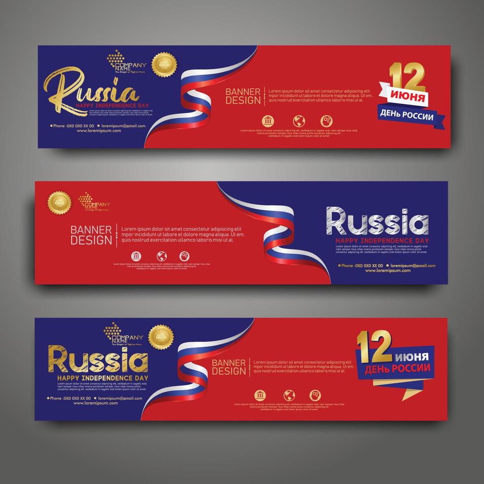 definir modelo de design de banner horizontal. feliz dia da independência rússia fundo moderno com bandeira de fita, fita de prêmio de ouro vetor