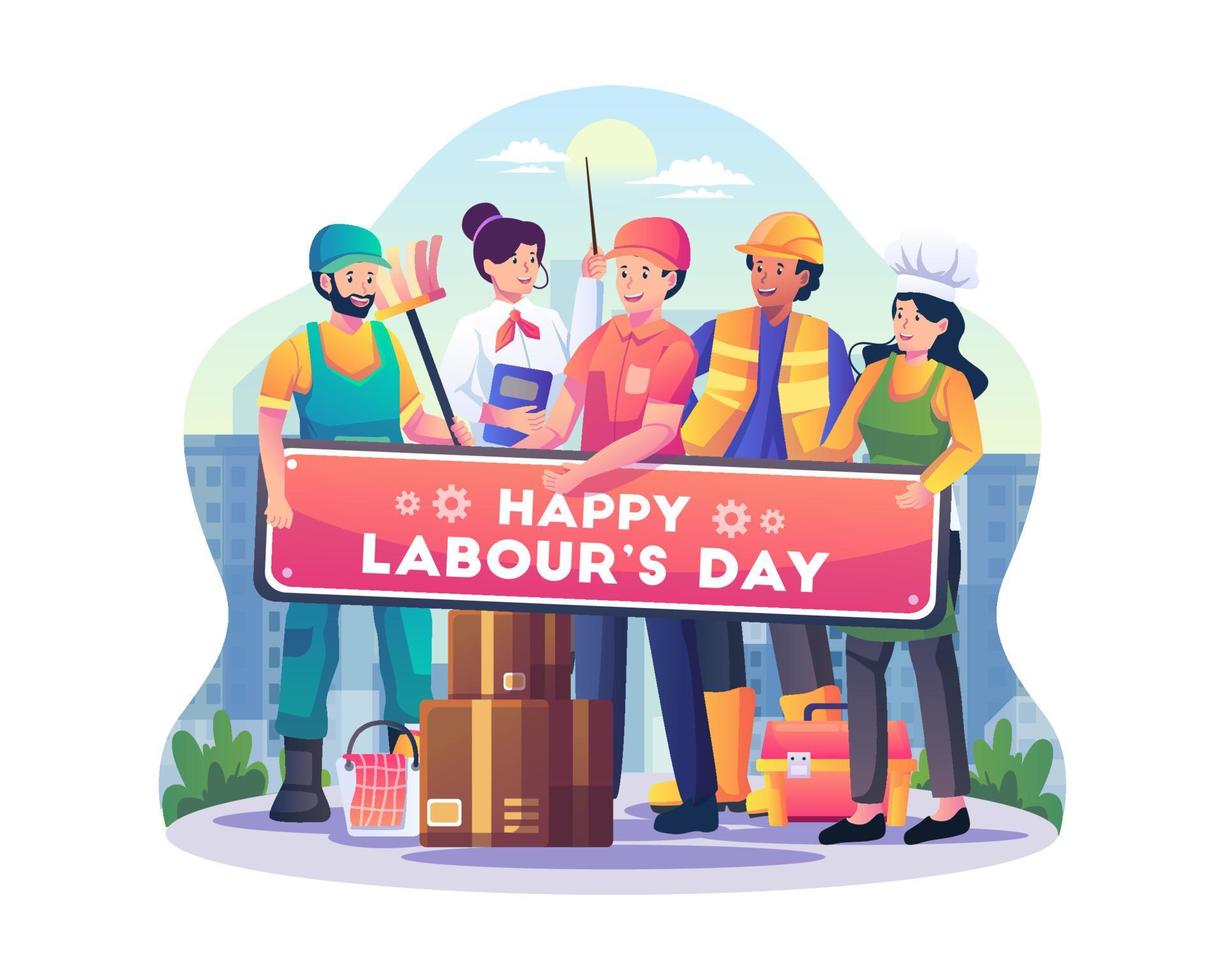 trabalhadores do trabalho em diferentes profissões juntos seguram um cartaz dizendo feliz dia do trabalho. ilustração vetorial de estilo simples vetor