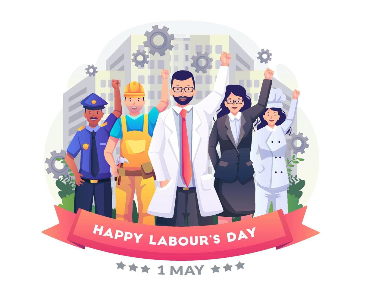 trabalhadores de diferentes profissões estão comemorando o dia do trabalho levantando as mãos juntas. feliz dia do trabalho 1º de maio. ilustração vetorial de estilo simples vetor