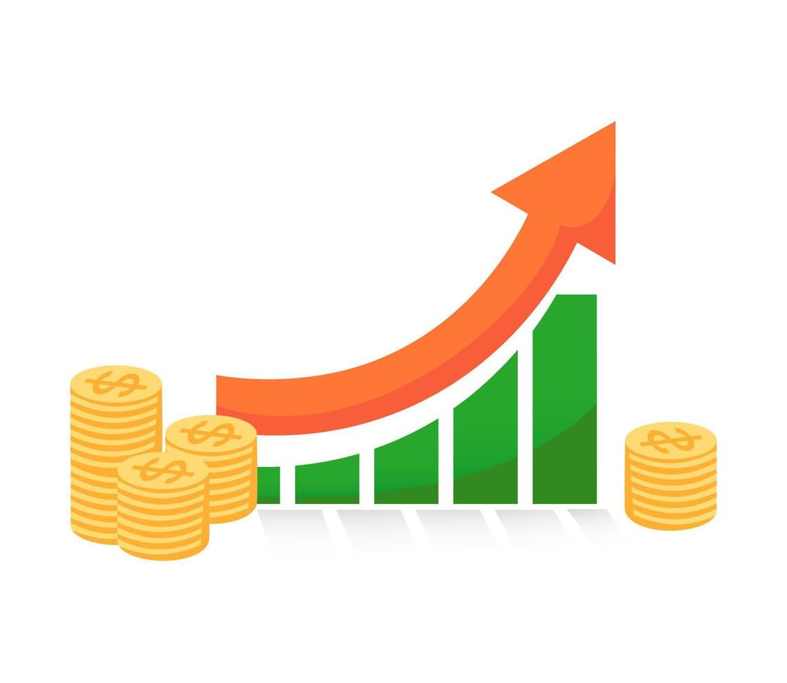 crescendo símbolo de infográfico de negócios de seta. modelo de banner de finanças isolado de vetor. dinheiro moeda de ouro em dinheiro. vetor