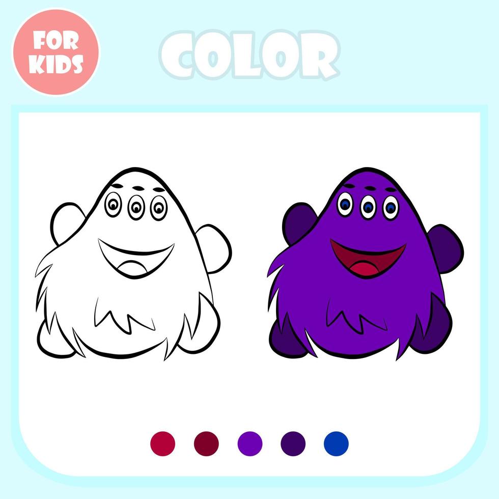 modelo de desenho de vetor de página de livro para colorir, jogo educacional para crianças, conceito de aprendizagem pré-escolar, forma de personagem de mascote de monstro bonito doodle isolada, jogo de desenho de cores elementar para crianças.