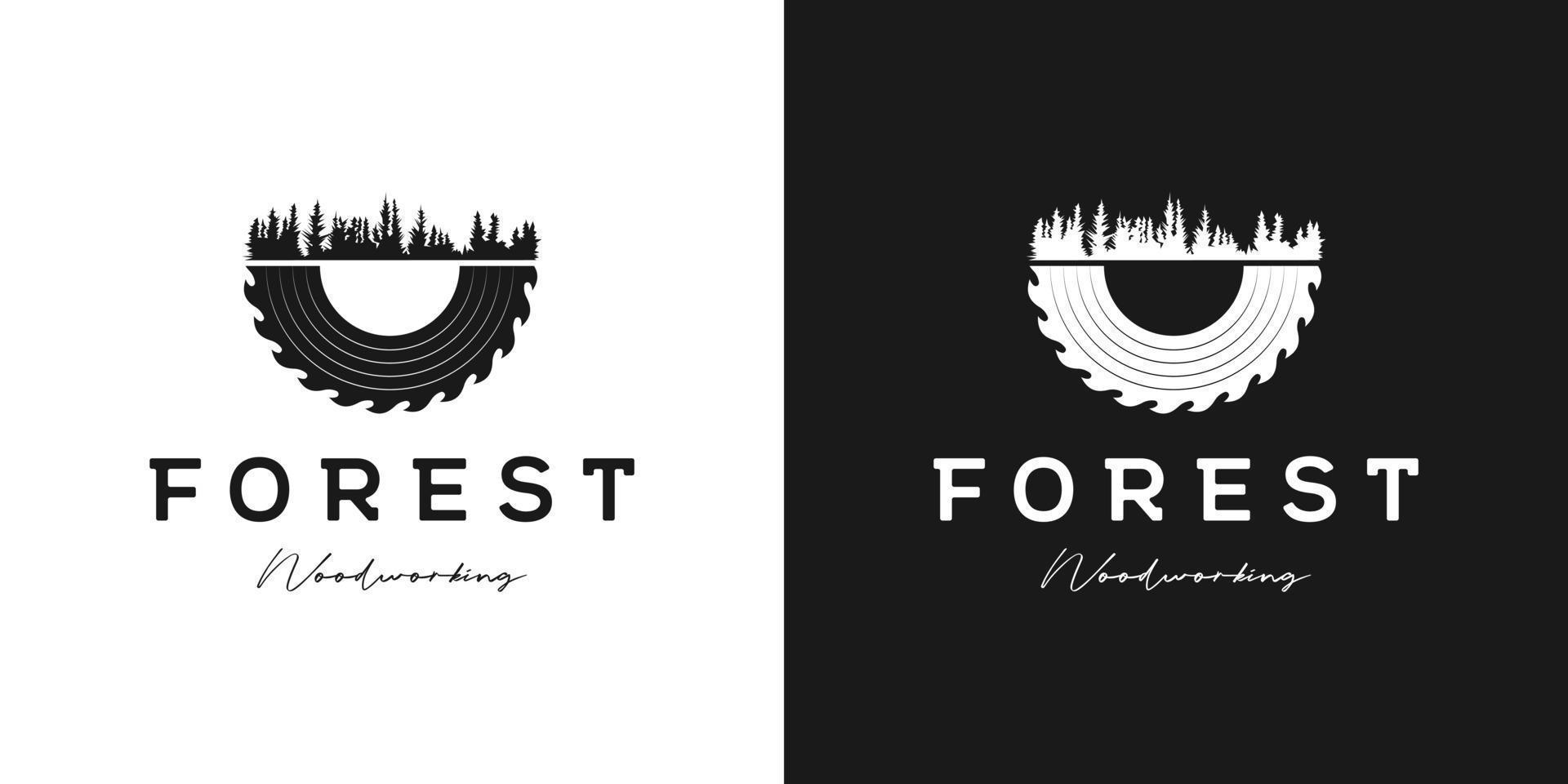 vetor de design de logotipo de floresta de pinheiros e moedor para marcenaria ou carpintaria