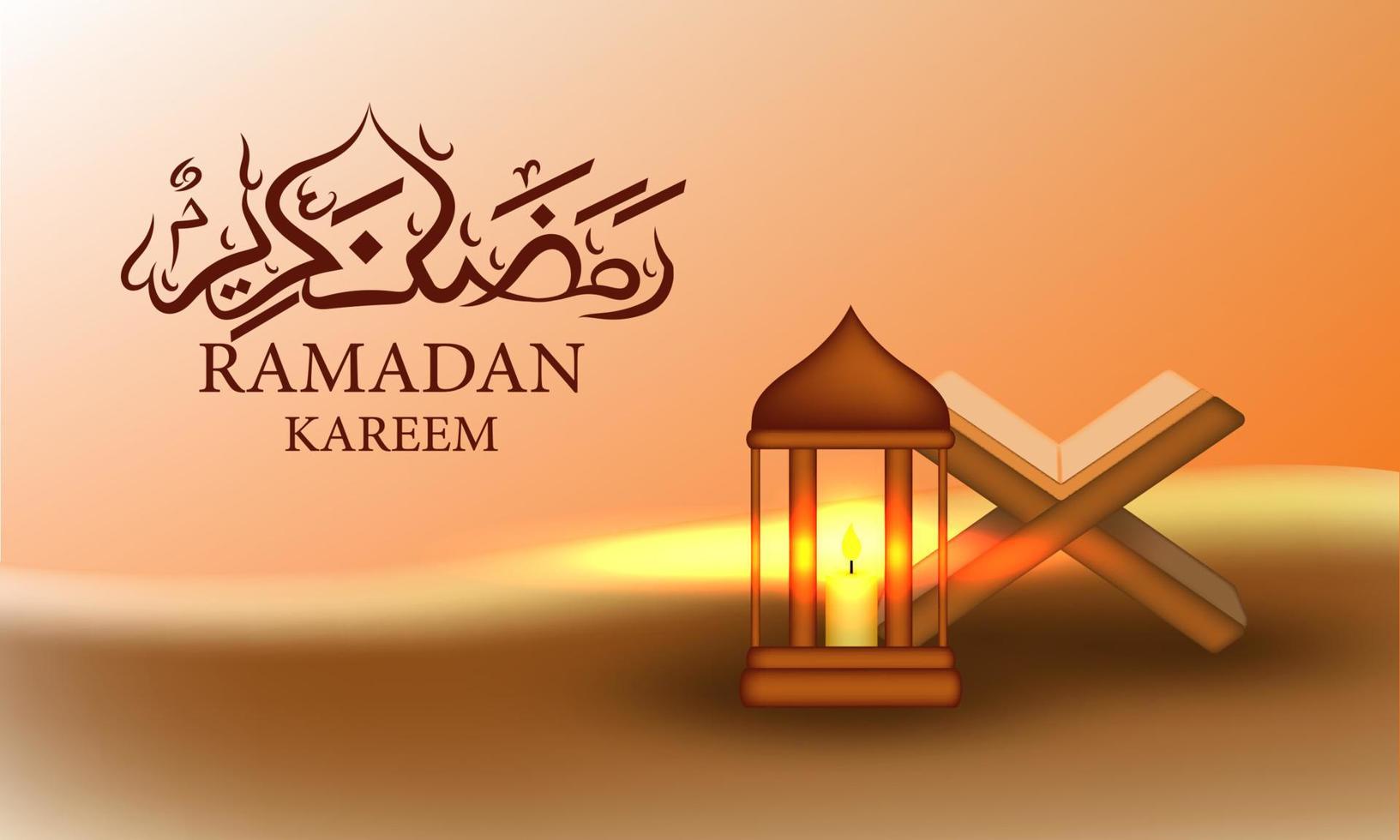 fundo de ramadan kareem realista com lanterna e al quran no deserto vector