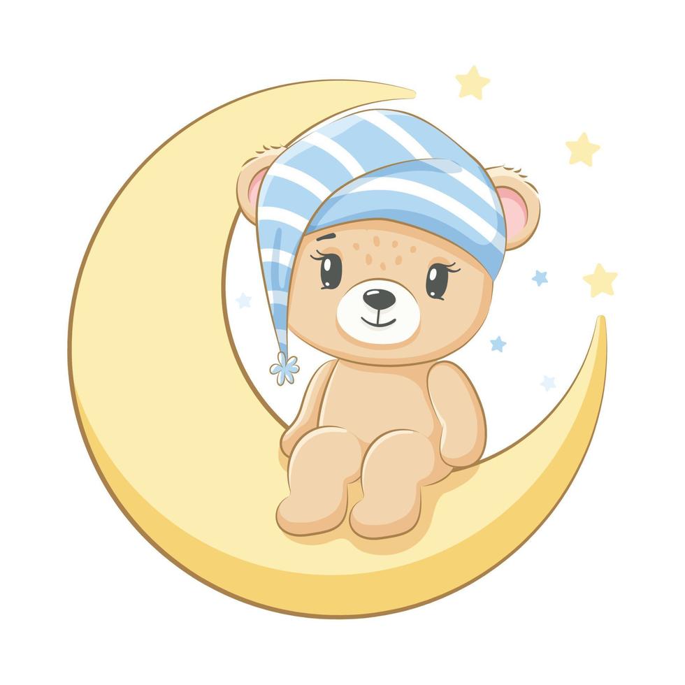 um lindo ursinho de pelúcia está sentado na lua. para um menino. ilustração em vetor de um desenho animado.