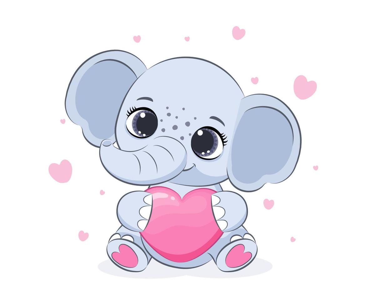 um elefante fofo tem um coração nas mãos. Dia dos Namorados. ilustração em vetor de um desenho animado.