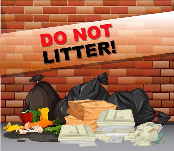 Não jogue lixo com sacos de lixo em frente à parede vetor