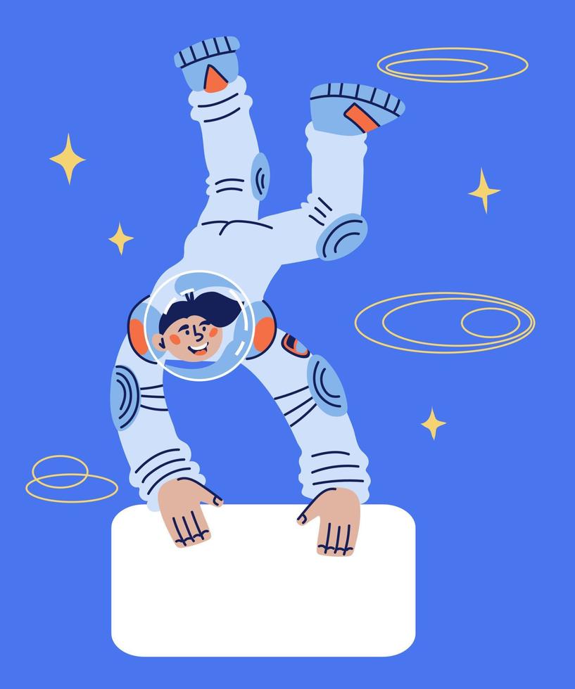 modelo de banner no cosmos explorando tópico com astronauta segurando placa para colocação de texto. pesquisas espaciais e ciência, palestra de planetário ou convite de aula. ilustração em vetor plana dos desenhos animados.