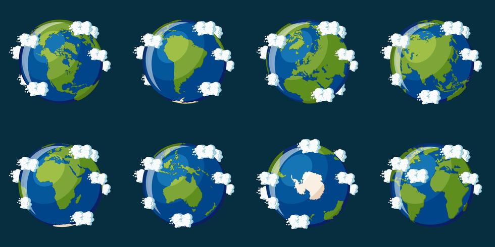 Conjunto de globos mostrando o planeta Terra com diferentes continentes vetor