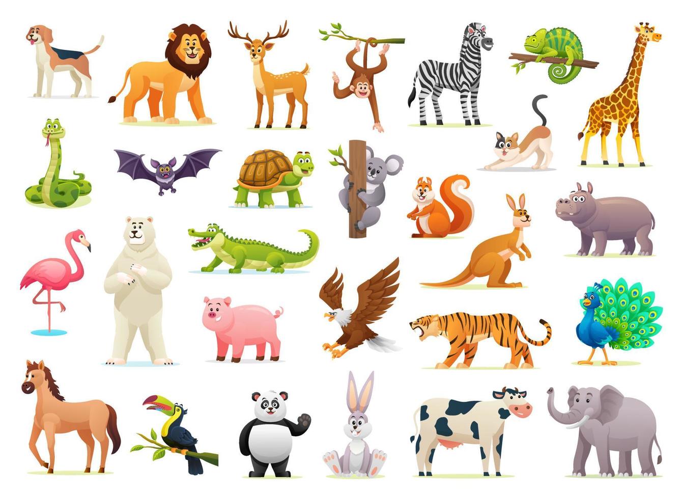 coleção de ilustrações de animais selvagens fofos em fundo branco vetor