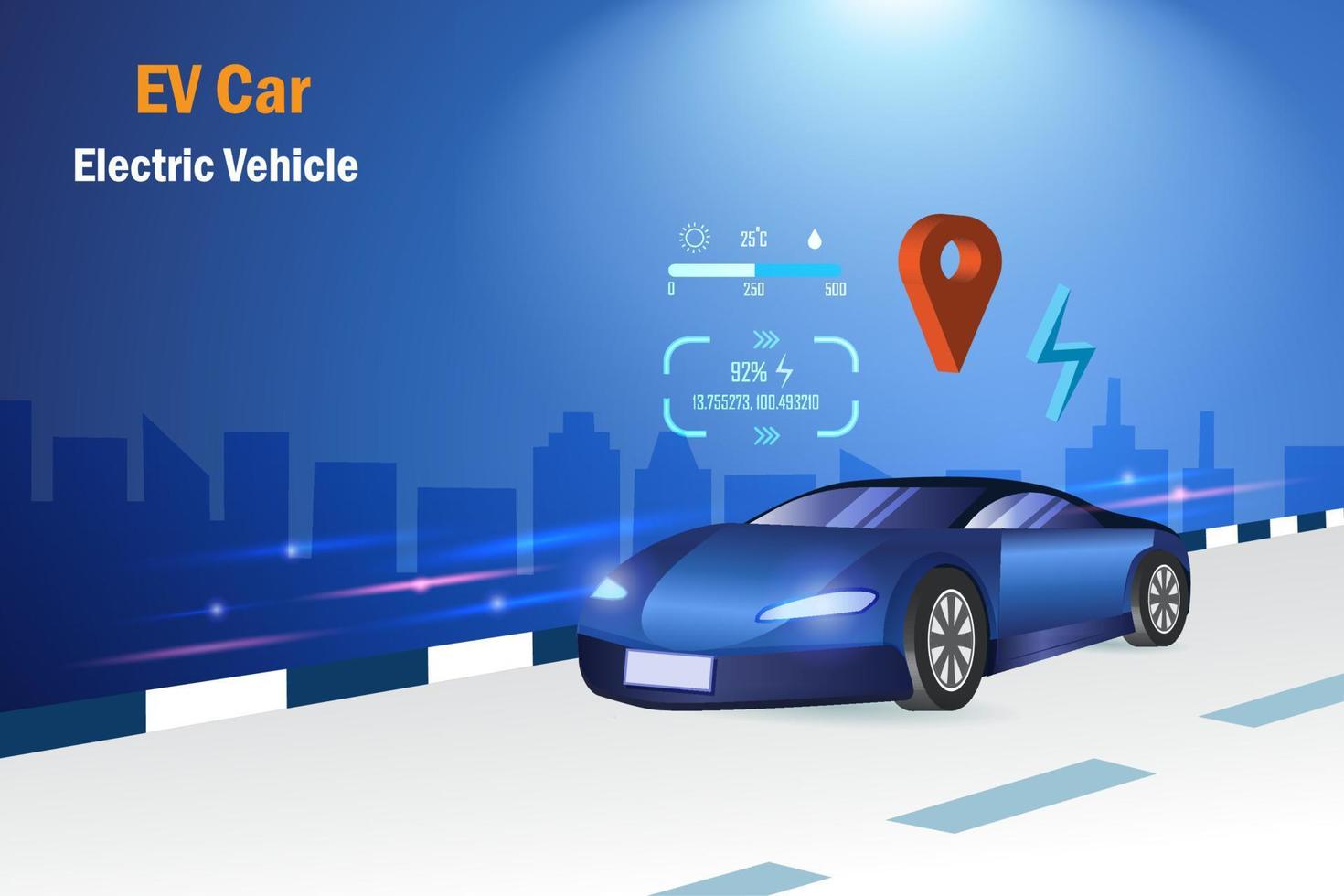 carro ev, veículo elétrico rodando na estrada com gps e indicadores de direção. energia alternativa sustentável em tecnologia de transporte. vetor