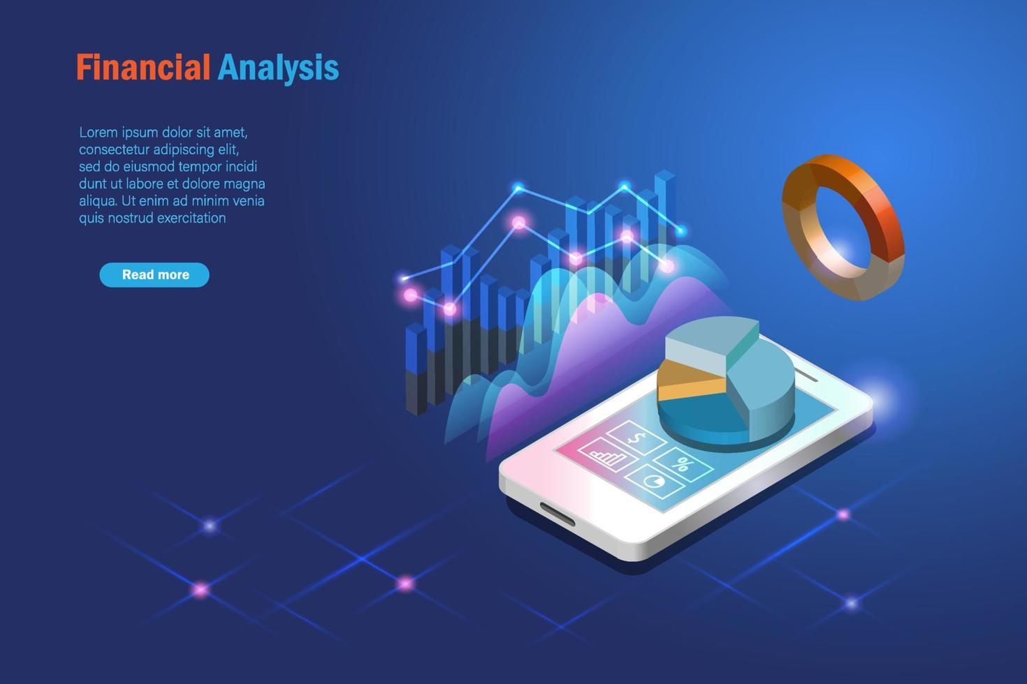 análise financeira, inteligência de negócios, estatísticas do mercado de ações. 3D analisando o gráfico do gráfico de crescimento no telefone inteligente para sucesso e realização do negócio. vetor