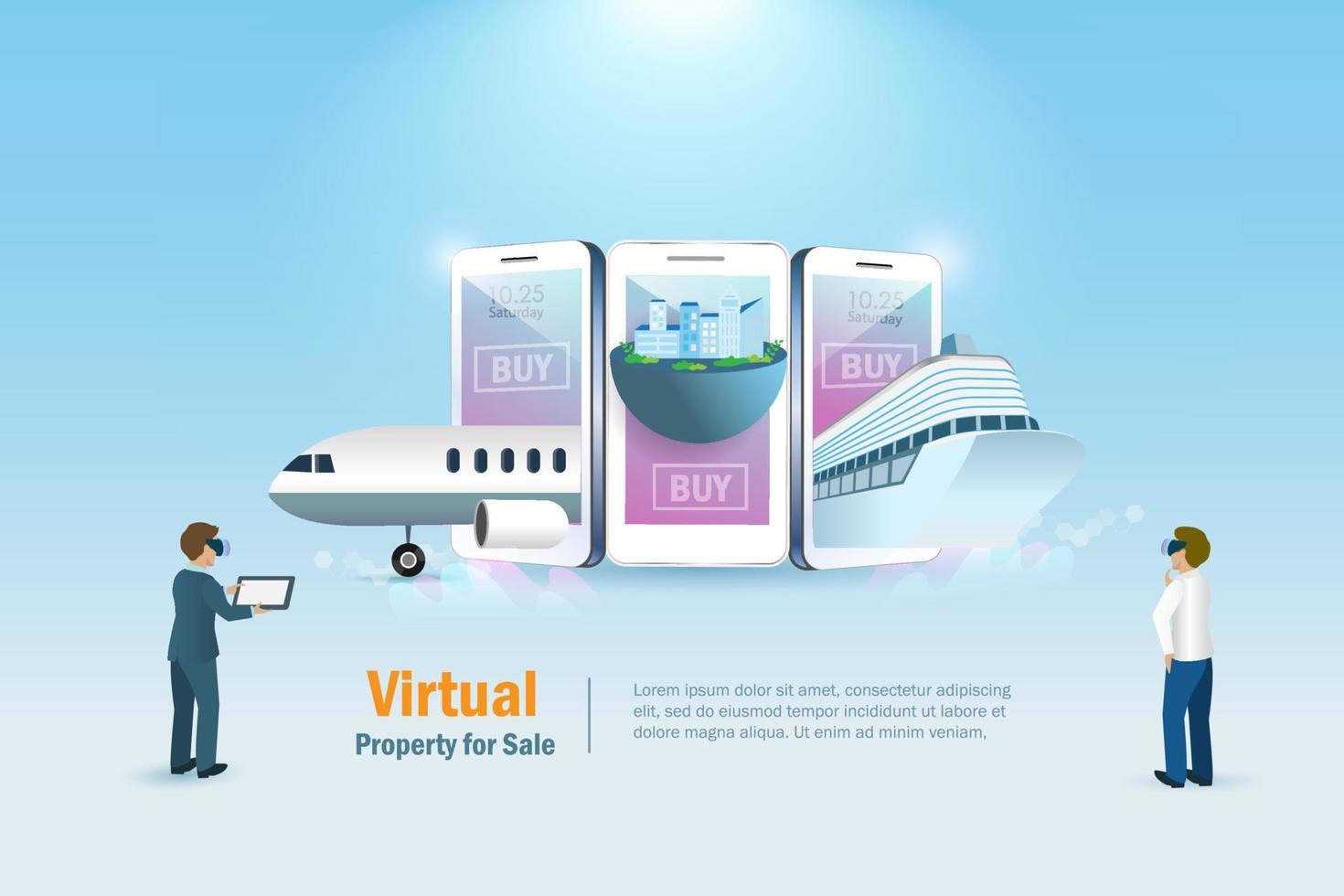 terreno virtual metaverse, imóveis e imóveis para venda. empresário compra avião de luxo virtual, navio de cruzeiro e edifícios na tela do telefone inteligente. tecnologia de investimento financeiro no espaço cibernético. vetor