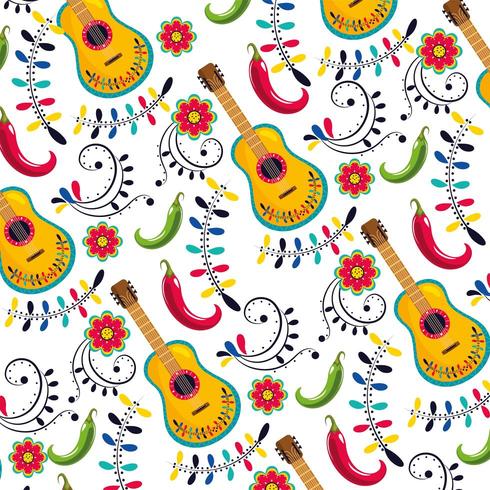 violão mexicano com flores e chilis padrão de decoração vetor