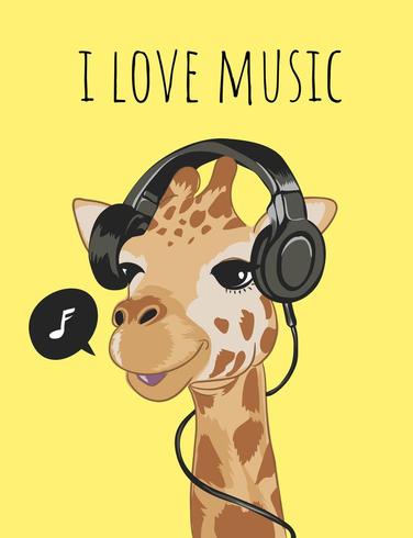 girafa bonitinha na ilustração dos desenhos animados de fone de ouvido vetor