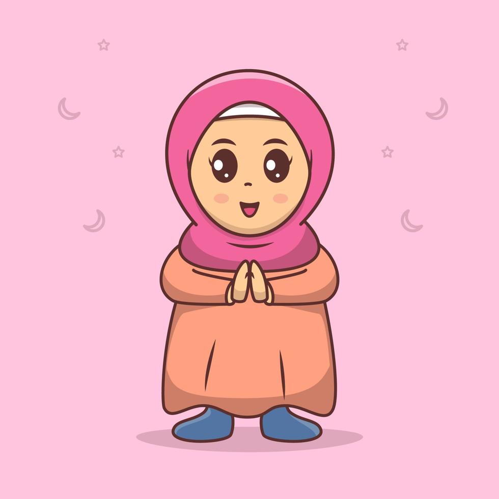 linda garota comemorando o ramadã mubarak, ilustração vetorial de desenho animado eid mubarak vetor