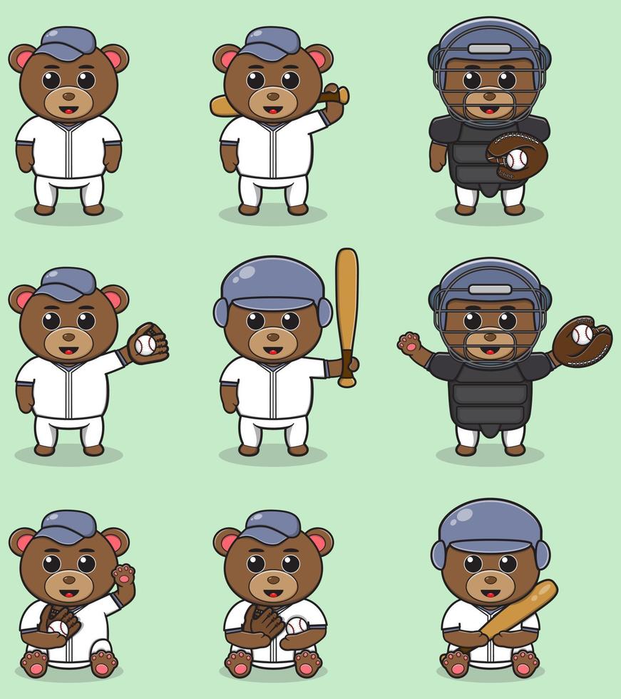 ilustração em vetor de urso fofo com fantasia de beisebol. conjunto de personagens de urso fofo.