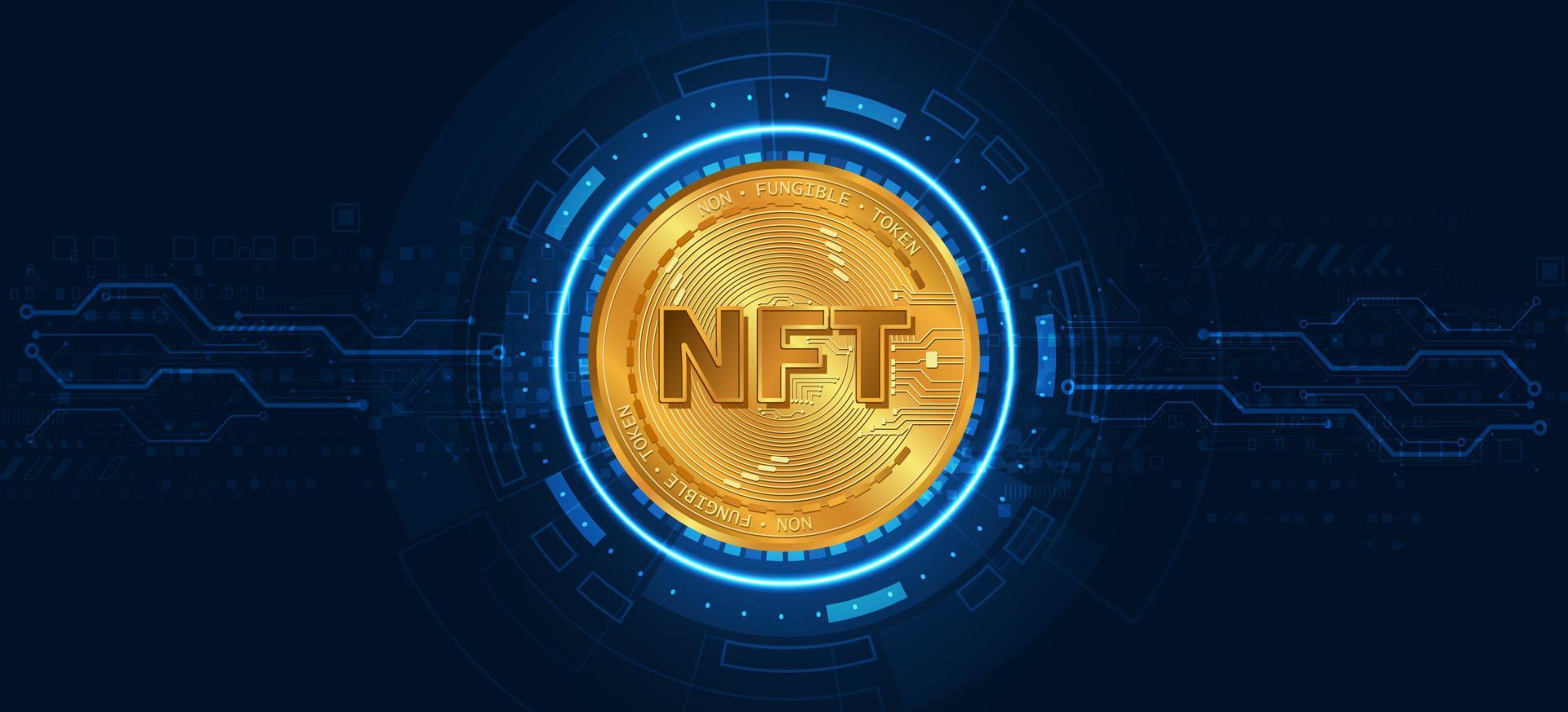 nft não fungível coin.non fungível token.blockchain concept.nft moeda glod com tecnologia de fundo azul. vetor
