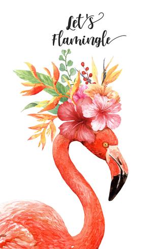 Aquarela Flamingo com Bouquet Tropical na cabeça vetor