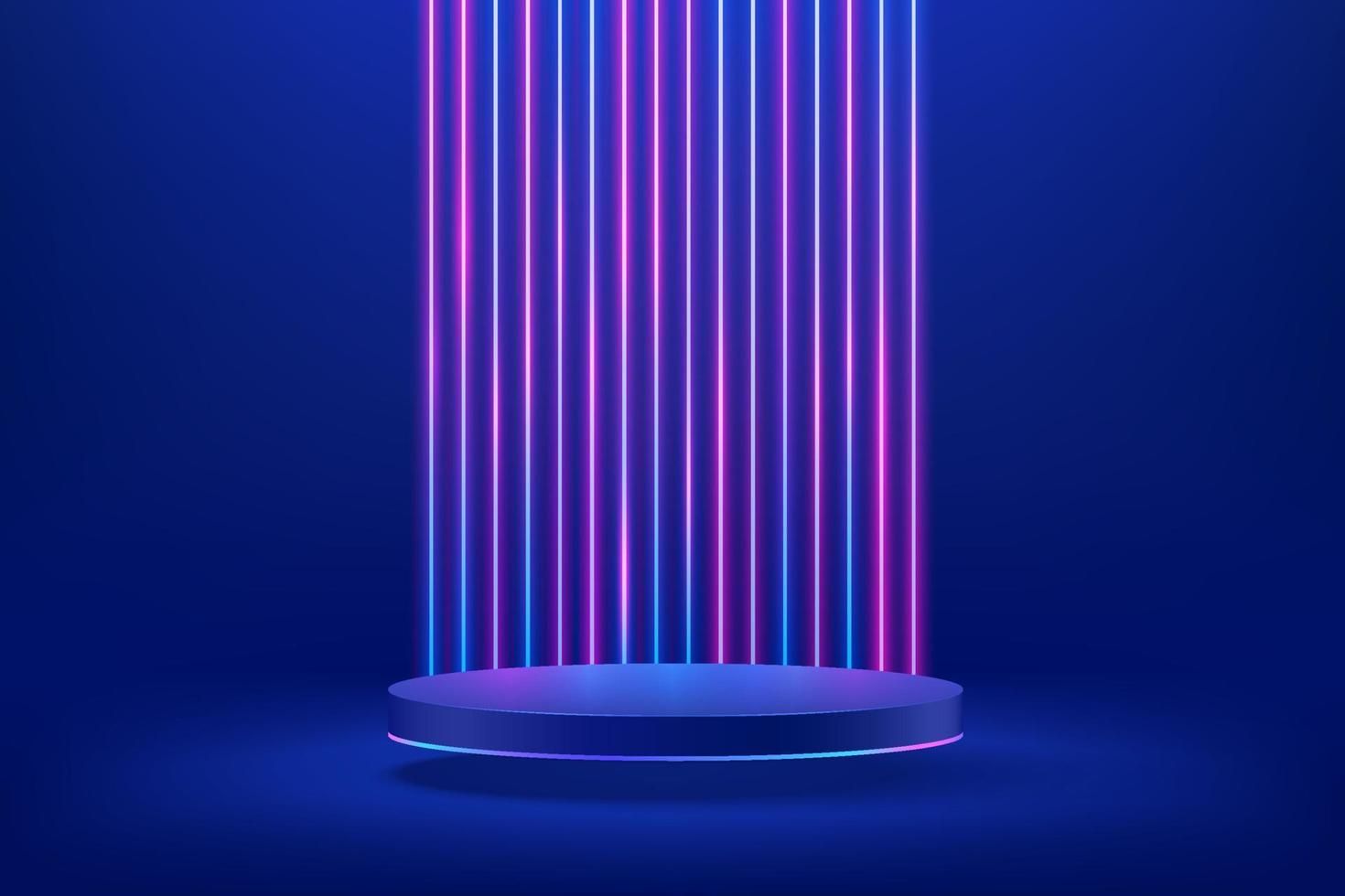 pódio de pedestal de cilindro azul brilhante abstrato. conceito de sala abstrata azul de ficção científica com iluminação de néon brilhante vertical. forma 3d de renderização vetorial, apresentação de exibição do produto. cena de parede futurista. vetor