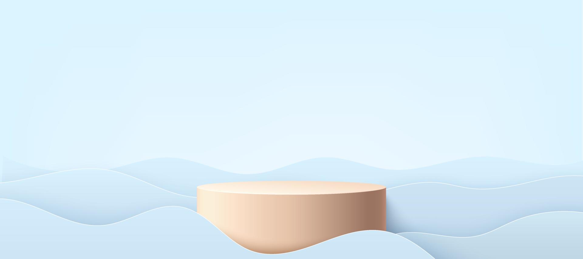 pódio de pedestal de cilindro pastel de luxo. camadas de cor azul e cinza claro acenam o cenário de forma líquida. vetor moderno renderização em forma 3d para apresentação de exibição de produtos cosméticos. projeto de cena abstrato.