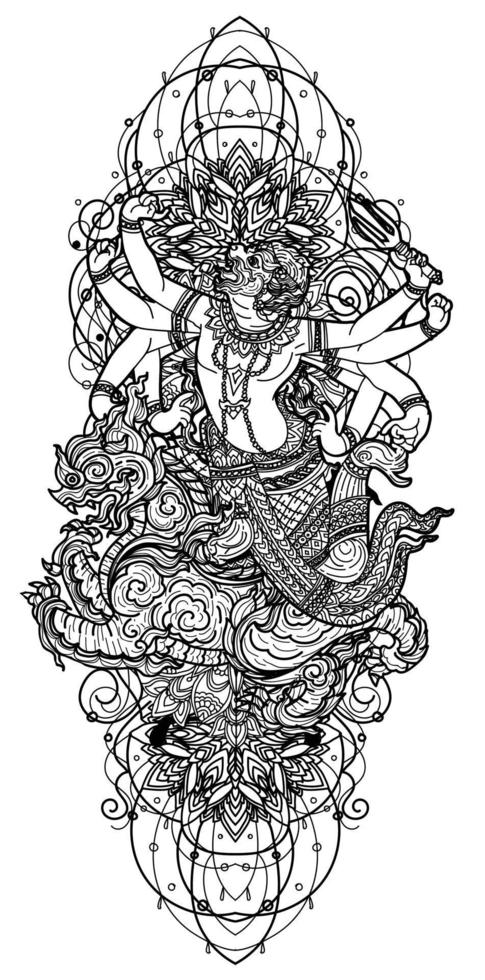 tatuagem arte macaco literatura tailandesa montando uma mão lionthai desenho e esboço vetor