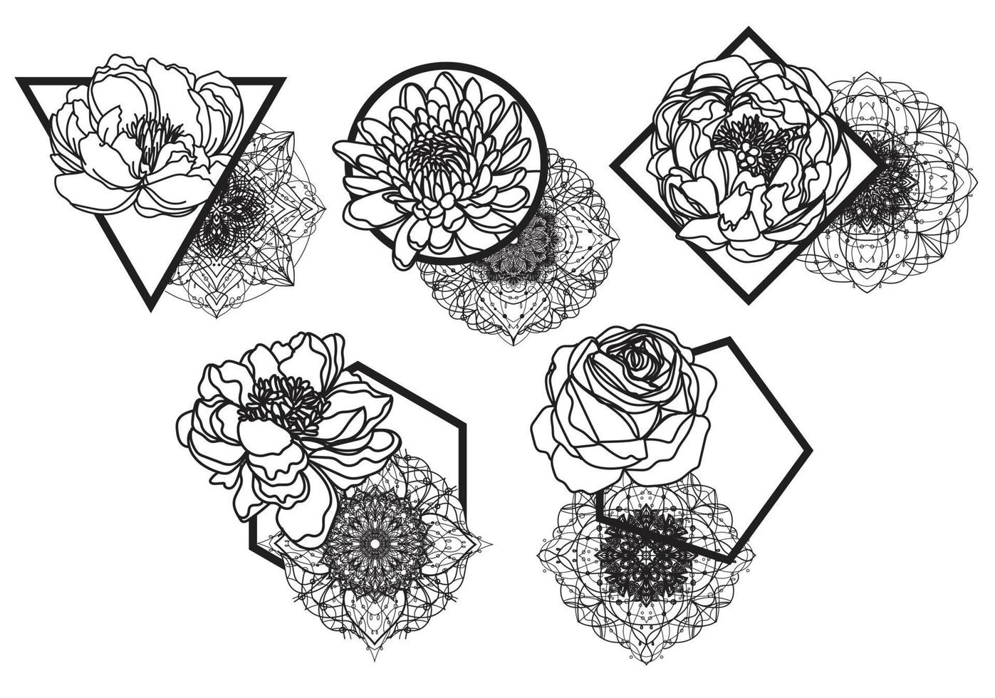desenho e esboço de conjunto de flores de arte de tatuagem vetor