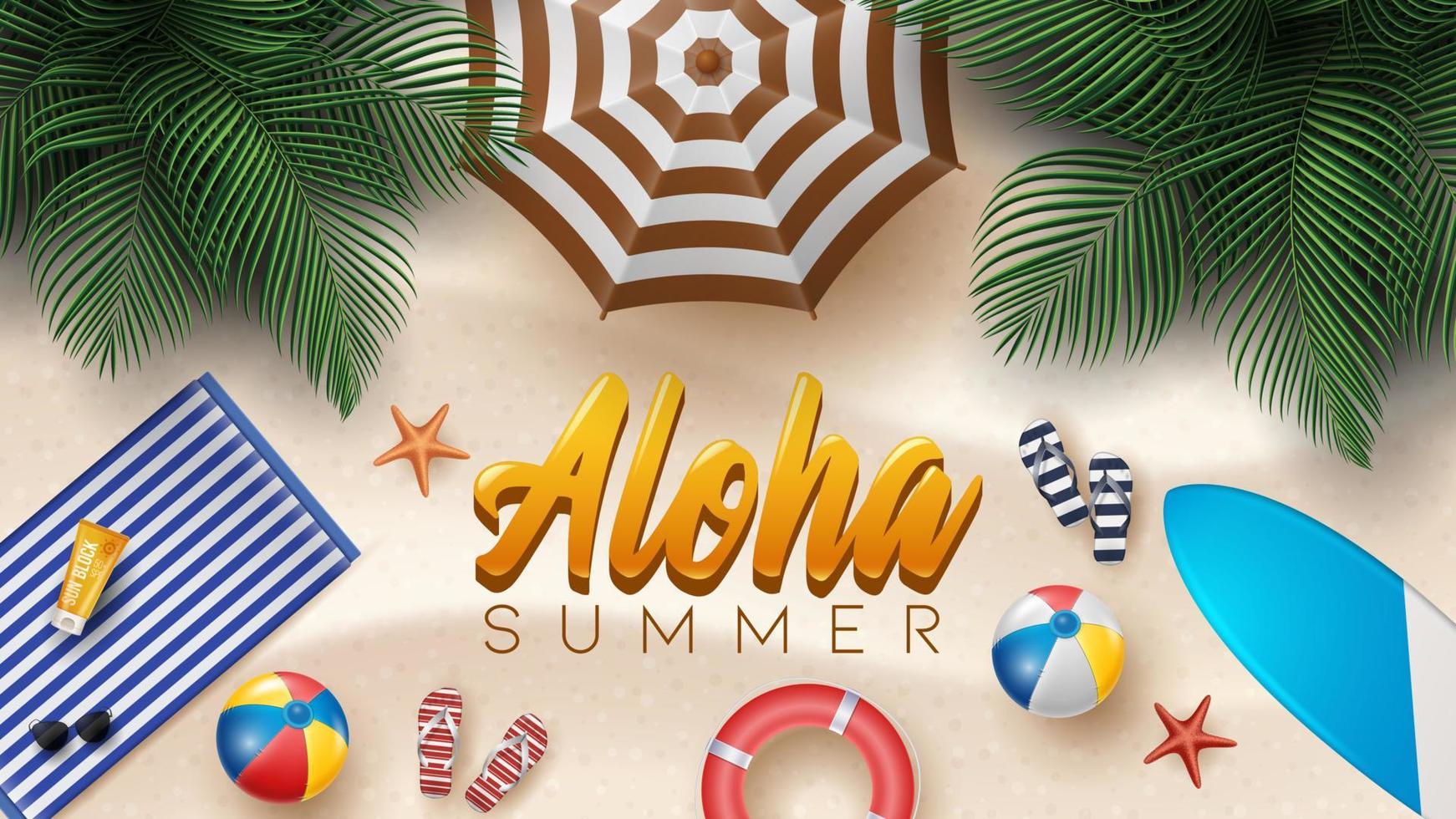 ilustração vetorial de férias de verão com bola de praia, folhas de palmeira, prancha de surf e carta de tipografia em fundo de areias de praia. vetor