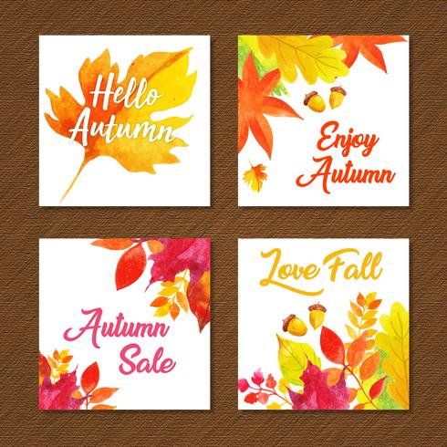 Coleção bonita de cartões de outono em aquarela vetor