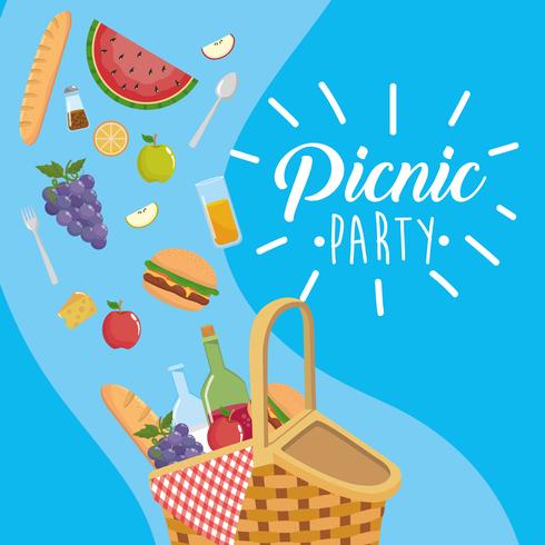 Cartaz de festa de piquenique com cesta e comida vetor