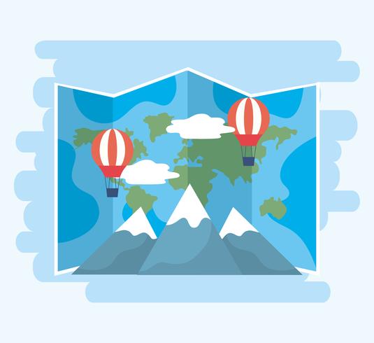 Mapa global com balões de ar quente e montanhas vetor