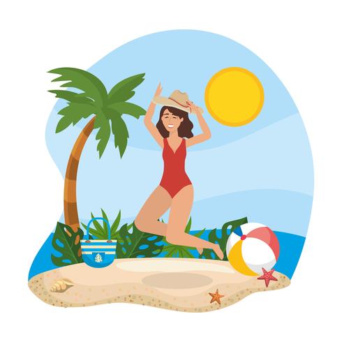 Mulher pulando na praia de chapéu e roupa de banho vetor