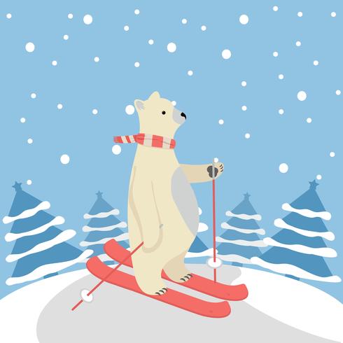 Urso polar bonito feliz esquiar com fundo de árvore vetor