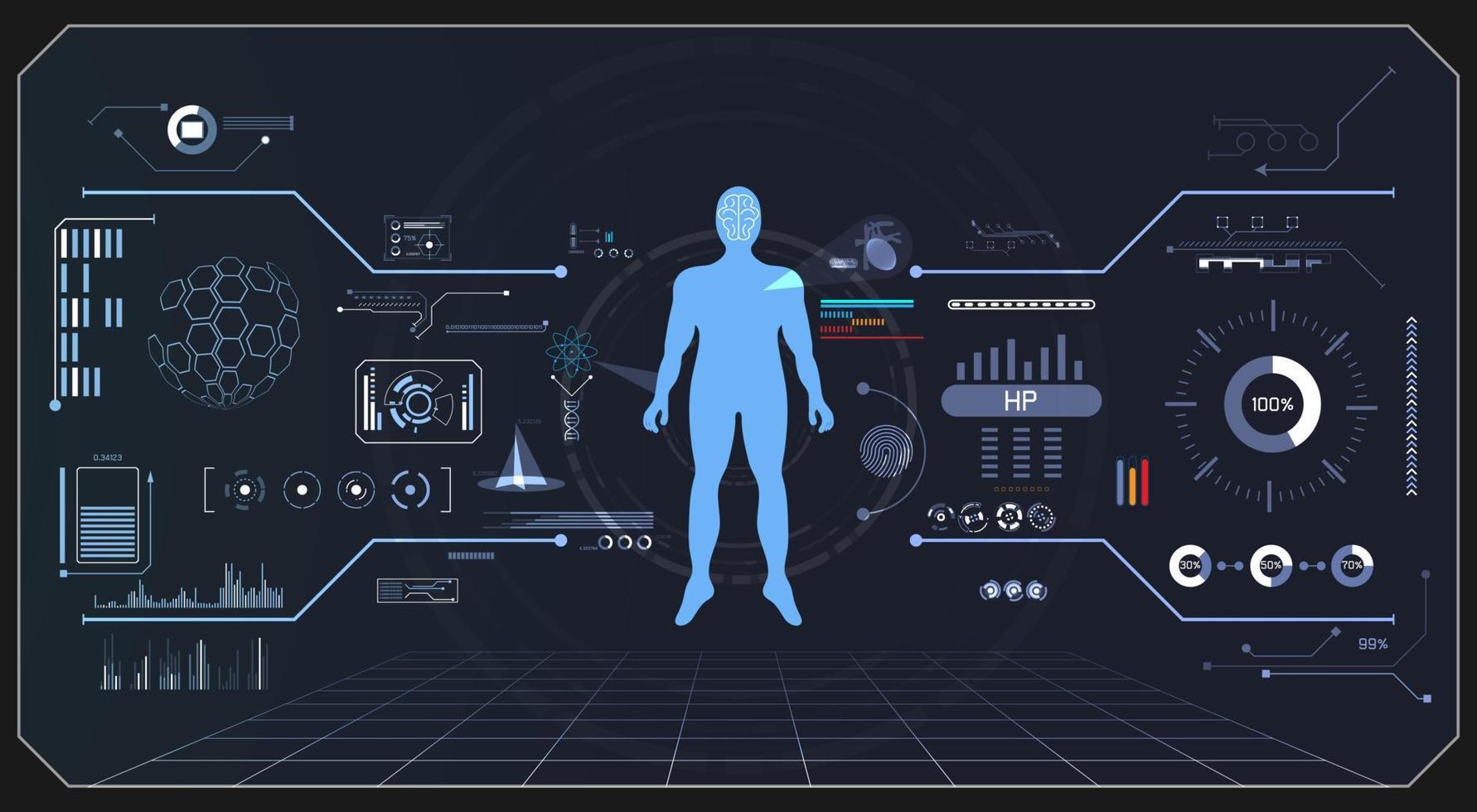 tecnologia de saúde abstrata ui futurista hud elementos de holograma de interface humana de gráfico de dados digitais, comunicação, computação e inovação em fundo de design futuro de alta tecnologia vetor