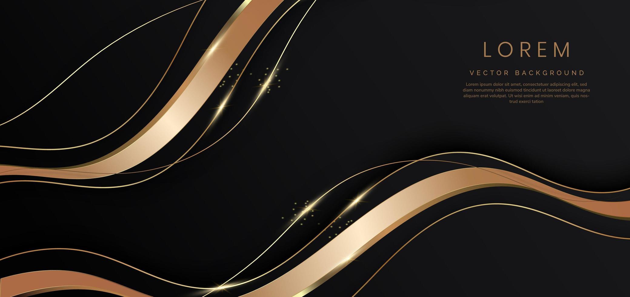 abstrato 3d preto com linhas de ouro fita marrom curvado brilho ondulado com espaço de cópia para texto. design de modelo de estilo de luxo. vetor