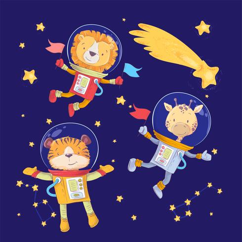 Desenhos animados animais fofos astronautas de tigre e girafa de leão no espaço vetor