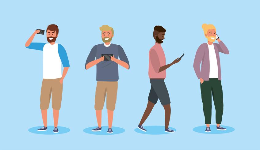 Conjunto de jovens diversos homens com smartphones vetor