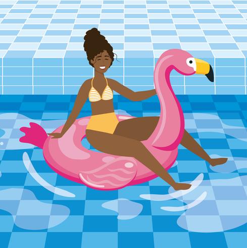 Jovem americana Africano em fato de banho no flutuador flamingo vetor