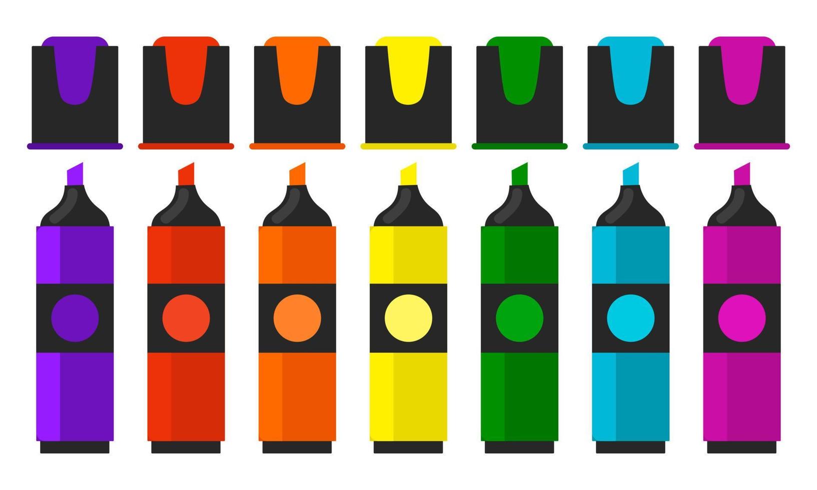bonito conjunto de marcadores brilhantes de cores diferentes em estilo simples, isolado no fundo branco. marcadores de ponta de feltro com tampas abertas. vetor