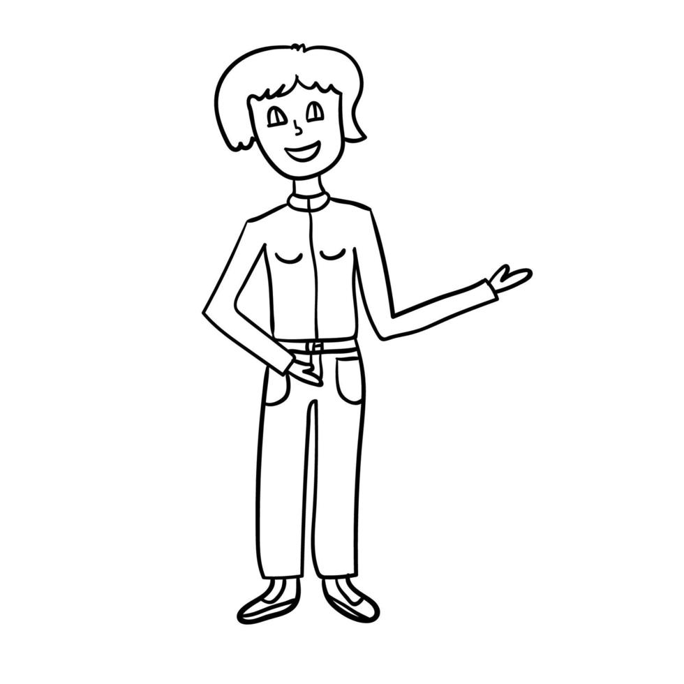 mulher linear doodle dos desenhos animados apontando isolado no fundo branco. vetor