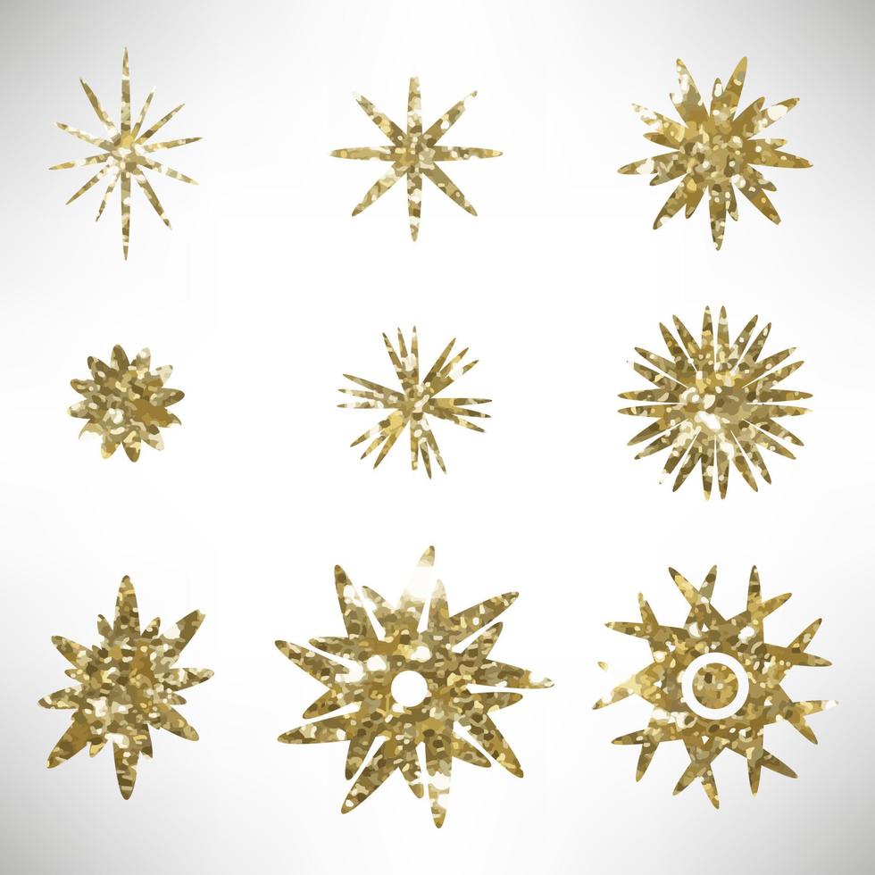 conjunto de estrelas de glitter dourados. conjunto de ouro desenhado à mão de elementos de design sujo, estrelas. elementos de design grunge dourado isolados no branco. vetor