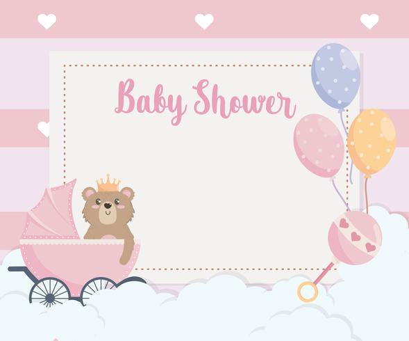 Cartão de chuveiro de bebê com urso de pelúcia na carruagem vetor