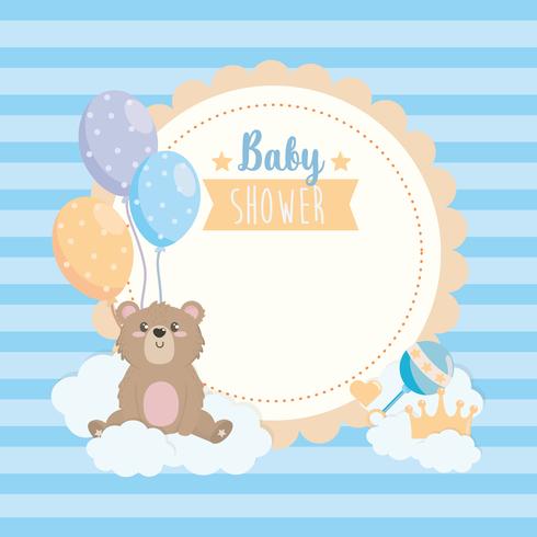 Rótulo de chuveiro de bebê com ursinho de pelúcia e balões vetor