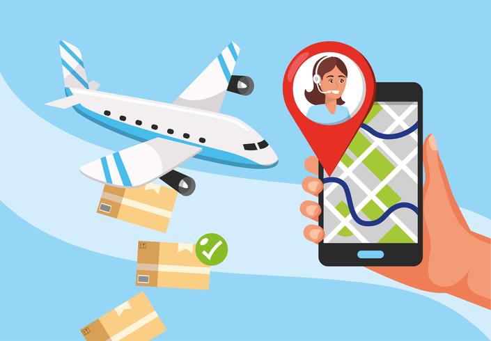 Avião largando pacotes e mão com GPS para smartphone vetor