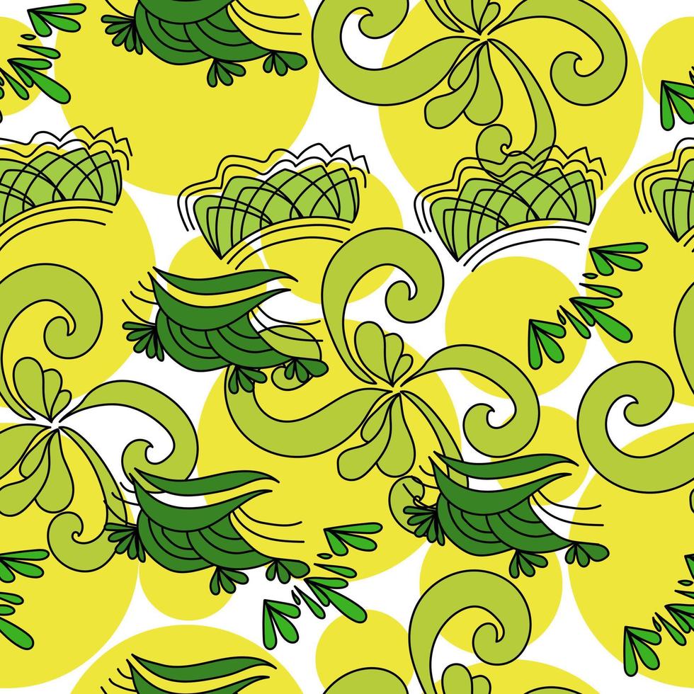 padrão abstrato de motivos de contorno com cachos e fantasias florais de cor verde e amarela em um fundo branco vetor