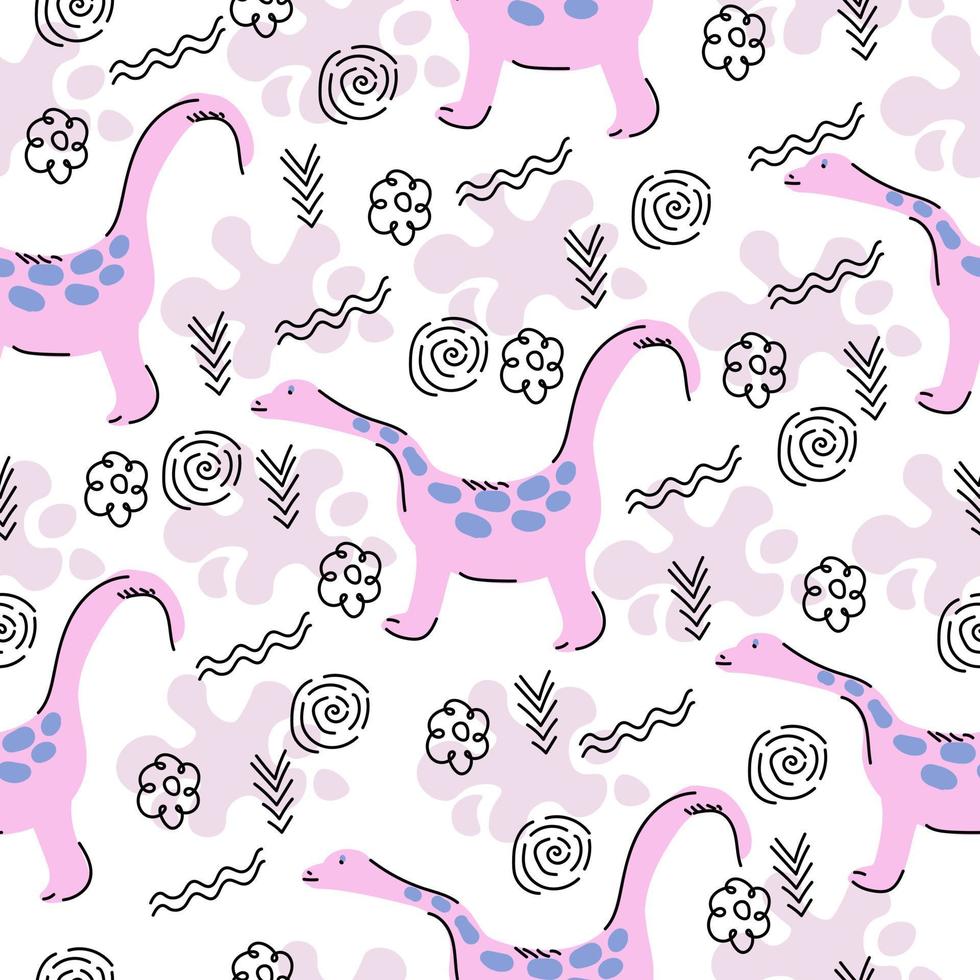 padrão bonito com dinossauros e rabiscos lineares, animais de desenho animado rosa sobre fundo branco vetor