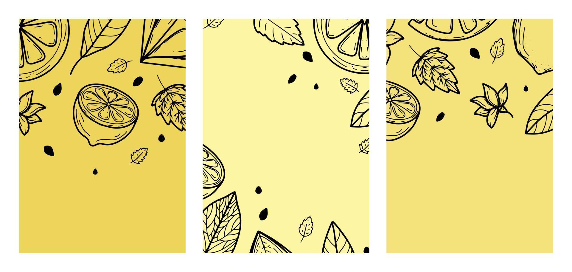 definir fundo com limão, flor, folhas. ilustração em vetor desenhado à mão de frutas. no estilo de uma gravura com manchas coloridas.citrus, desenho botânico. para cartazes, estampas, papéis de parede, capas