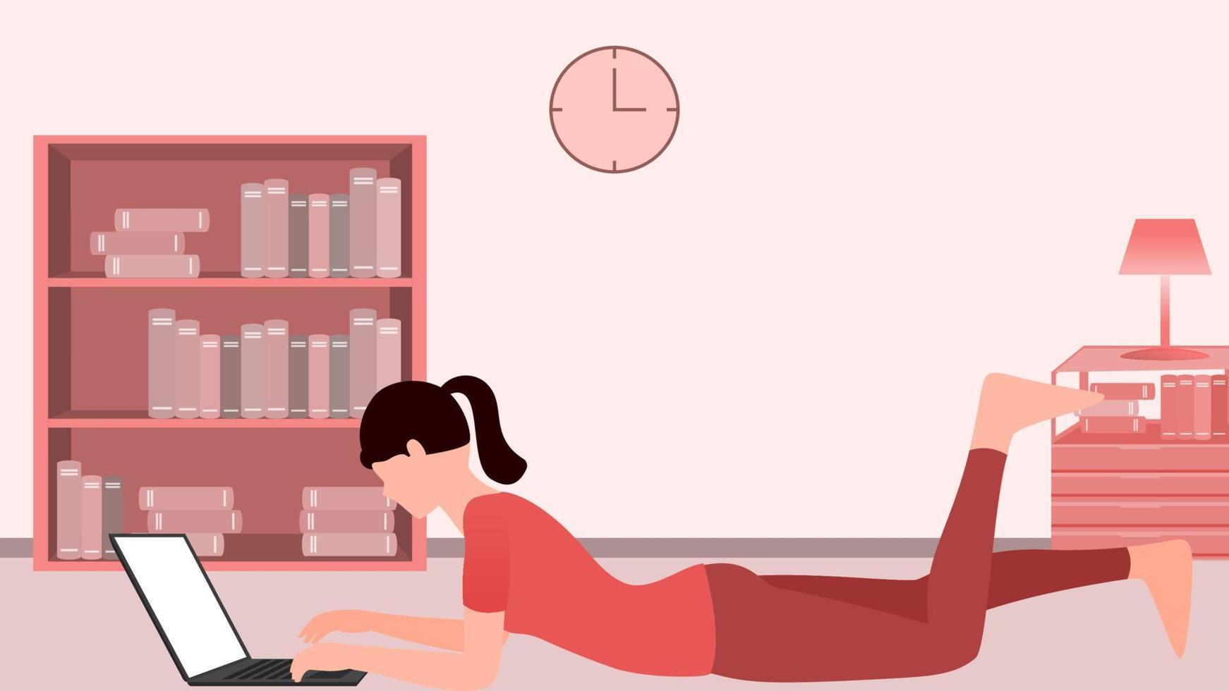 mulher trabalhando no laptop no chão, trabalho em casa e ilustração vetorial de personagem de hora de trabalho flexível. vetor