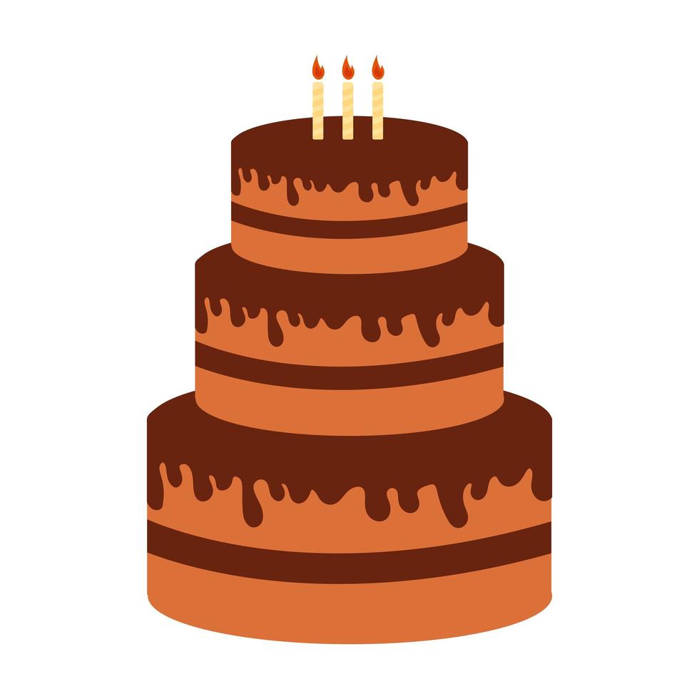 ilustração em vetor de bolo de aniversário de chocolate com velas em estilo cartoon plana. deliciosa sobremesa para um feriado, festa